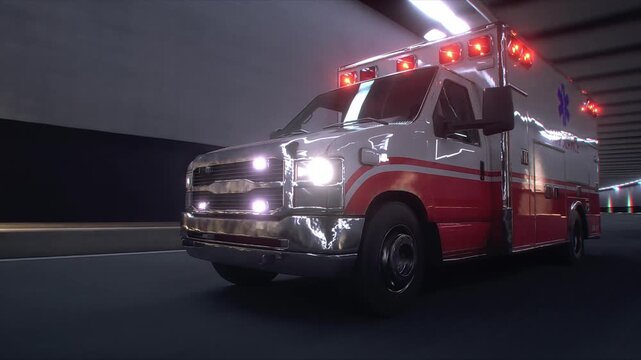 Ambulance Speeding Through Tunnel with Flashing Lights. Realistic 4k animation.