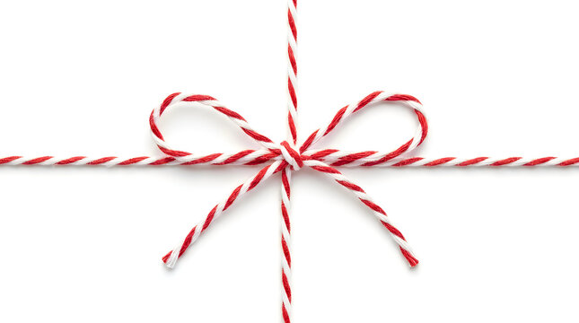 Red and white festive twine tied in a delicate bow on a clean white background with decoration