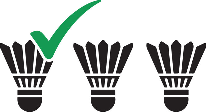 Three black graphic icons of shuttlecocks are displayed. One is on a white background with a check mark. Black icon silhouette vector