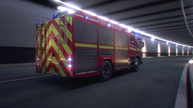 Fire Truck 3d model Speeding Through Tunnel with Flashing Emergency Lights. Realistic 4k animation.