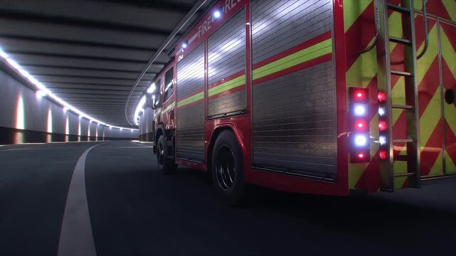 Fire Truck 3d model Speeding Through Tunnel with Flashing Emergency Lights. Realistic 4k animation.