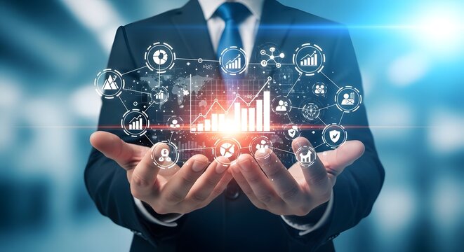 Business professional presenting digital data analytics and global network connections concept