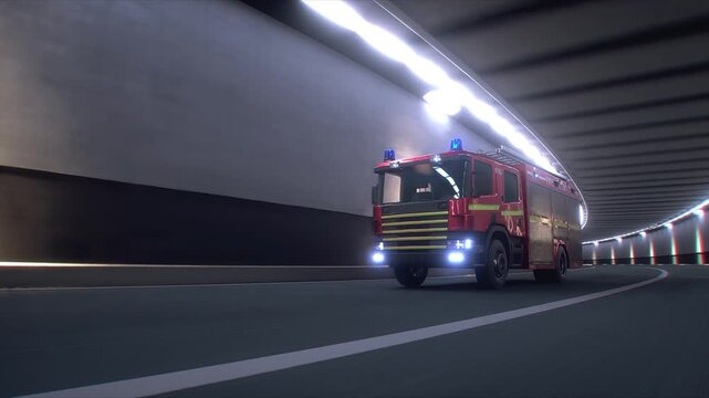 Fire Truck 3d model Speeding Through Tunnel with Flashing Emergency Lights. Realistic 4k animation.