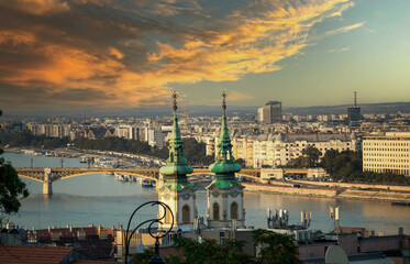 Naklejka premium View from Buda Castle in Budapest of the Danube River and the old historic city of Pest. Budapest is the capital of Hungary.
