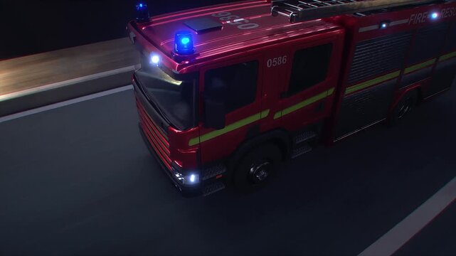 Fire Truck 3d model Speeding Through Tunnel with Flashing Emergency Lights. Realistic 4k animation.