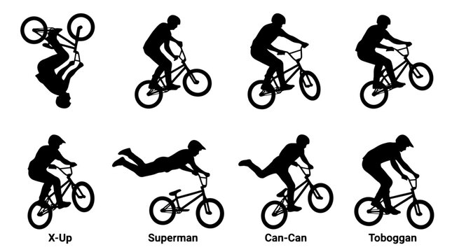 BMX bicycle stunts and tricks silhouettes.