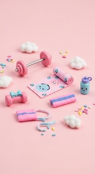 Colorful childrens plastic building blocks scattered on pink background.