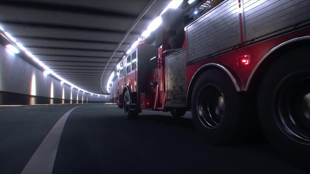 Fire Truck 3d model Speeding Through Tunnel with Flashing Emergency Lights. Realistic 4k animation.