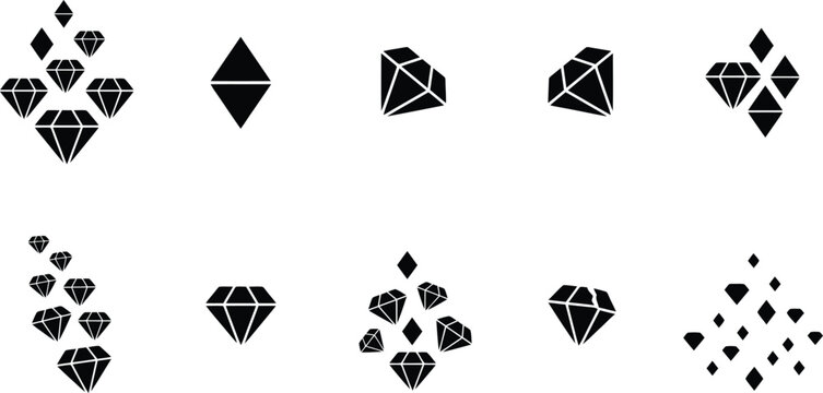 Assortment of black diamond icons in various arrangements and styles on white background jewel gemstone