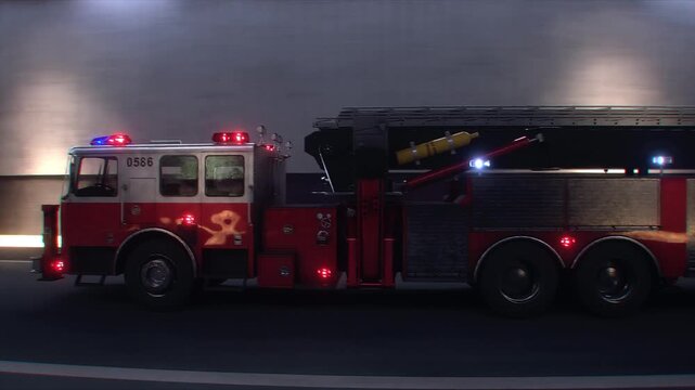 Fire Truck 3d model Speeding Through Tunnel with Flashing Emergency Lights. Realistic 4k animation.