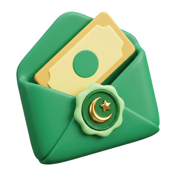 Green Ramadan envelope with money banknote and crescent seal. Isolated on transparent background, png