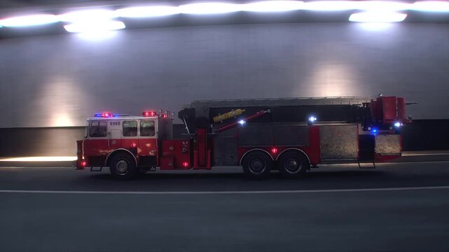 Fire Truck 3d model Speeding Through Tunnel with Flashing Emergency Lights. Realistic 4k animation.