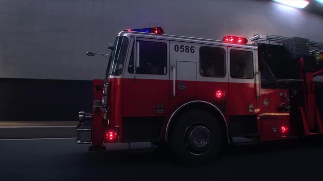 Fire Truck 3d model Speeding Through Tunnel with Flashing Emergency Lights. Realistic 4k animation.