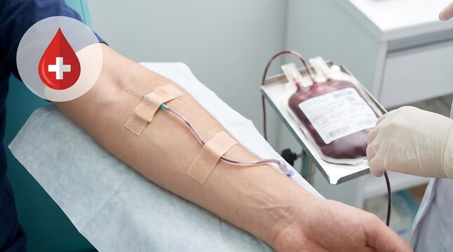 Blood donation process with needle in patient arm, medical volunteer collecting blood bag in clinic, healthcare charity and transfusion concept