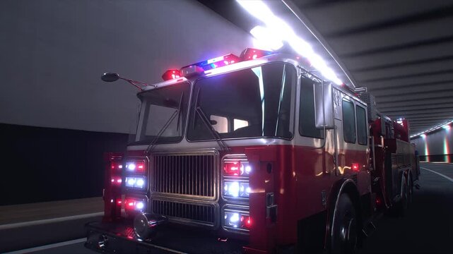 Fire Truck 3d model Speeding Through Tunnel with Flashing Emergency Lights. Realistic 4k animation.