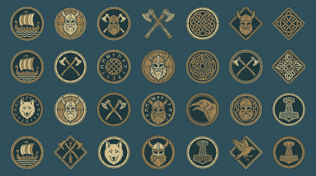 Various gold emblems and logos featuring animals and tools on a blue background.
