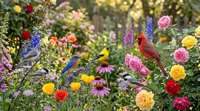 Various songbirds perched among colorful blooming flowers in a lush summer garden during a sunny day