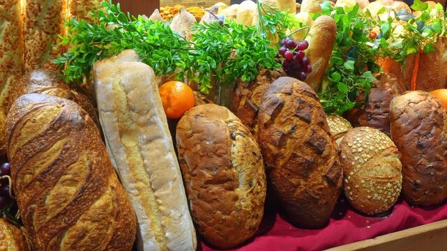 Artisan bread loaves with seeds and scored crusts at food exhibition. Assorted sourdough, rye and grain varieties with fruit and herb garnish.