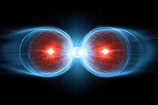 Quantum Energy Spheres Red Blue Glowing Fusion Particle Physics Digital Art Dark Background Electromagnetic Field Sci-Fi Concept
