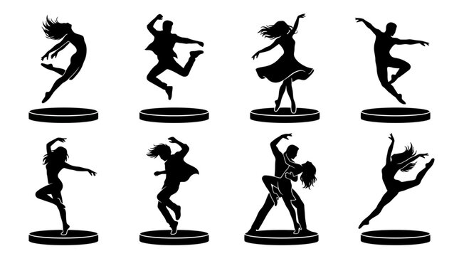 Eight dancing silhouettes in various poses.