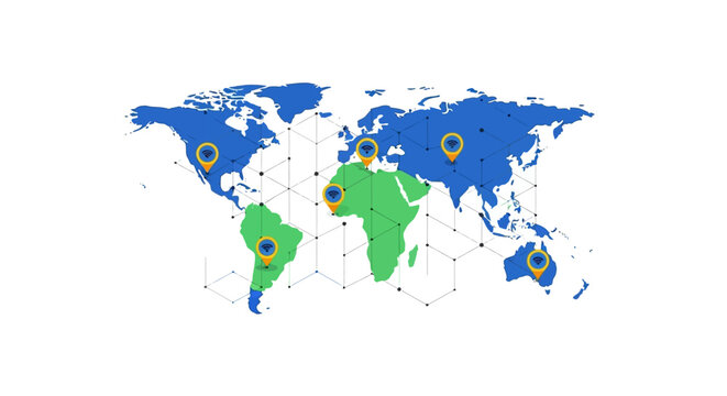 Global Digital Connectivity Network Concept with World Map, Wi-Fi Location Pins, and Geometric Grid on White Background