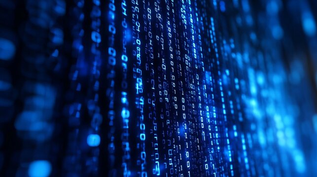 A digital background of blue binary code streaming down in a futuristic technology concept