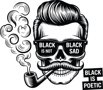 Cool hipster skull with pompadour hair smoking pipe in high contrast black and white lighting for a poetic studio print.