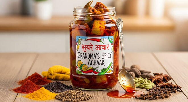 Achaar pickle jar sits on a wooden table surrounded by various traditional Indian spices and cooking ingredients.