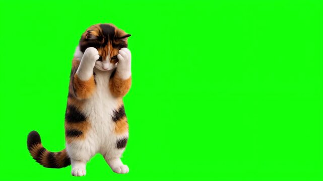 Realistic 3D cat doing a facepalm gesture, frustration and mistake concept isolated on chroma key green screen background, Covering Face, Disappointment, Stress, Regret, Failure, Error