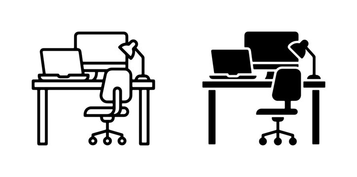 Modern Office Desk Setup Icons, Computer Workstation & Laptop, Minimalist Design, Black and White Line Art