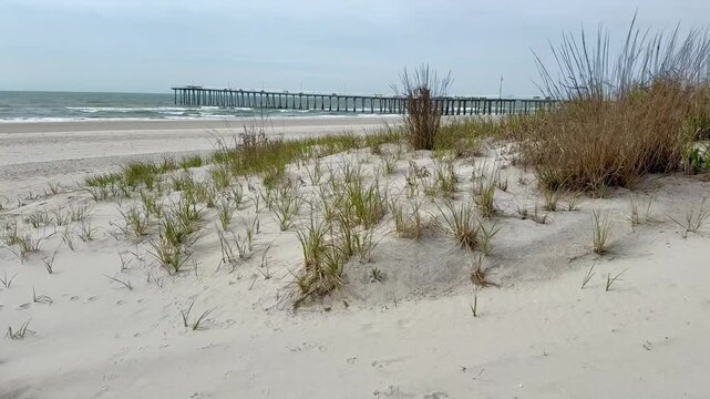 Ascending beach view from grassy sand dune to ocean with pier and up to the sky