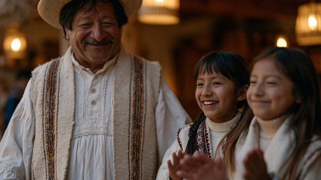 Two Peruvian grandchildren mime their grandfather's harvest festival hand gestures incorrectly while he watches with amused frustration in a crowded family kitchen,