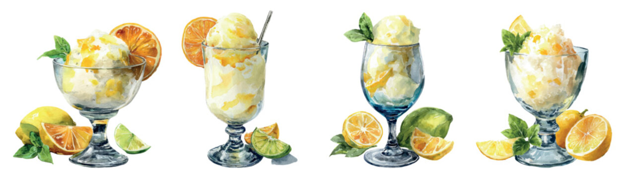Hand painted watercolor of four citrus sorbets in glassware, each topped with mint and paired with lemon, lime, and orange slices for a vibrant, refreshing dessert scene