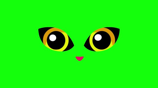 Large amber-yellow cat eyes with vertical black slit pupils slowly blinking and looking side to side. Isolated on vivid green screen, seamless looping animation, crisp vector style.

