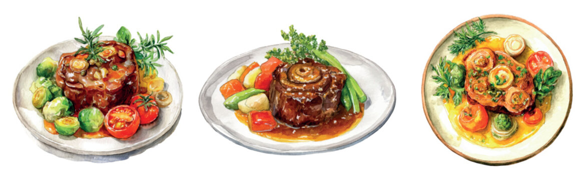 Italian osso buco dishes, slow braising veal shanks with vegetables and aromatic herbs, served as a gourmet meal for dinner in a watercolor illustration style