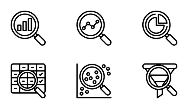 Magnifying Glass Icons: Data Analysis, Research, and Statistics Tools. Set of 6 Vector Graphics for Business Insights.