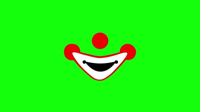 Cartoon joker face with bright red nose and cheek circles, wide white grin with black interior mouth. Isolated on vivid green screen for chroma key, seamless vector animation loop.

