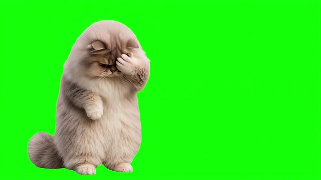 Realistic 3D cat doing a facepalm gesture, frustration and mistake concept isolated on chroma key green screen background, Covering Face, Disappointment, Stress, Regret, Failure, Error