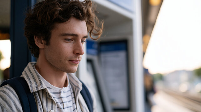 Young urban professional stares at a cracked digital ID verification screen on a subway platform kiosk, identity authentication failure, digital security vulnerability, commuter