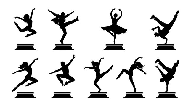 Silhouettes of dancers in various ballet poses.