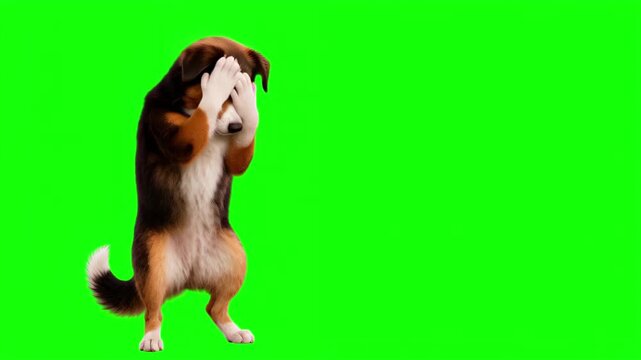 Realistic 3D dog doing a facepalm gesture, frustration and mistake concept isolated on chroma key green screen background, Covering Face, Disappointment, Stress, Regret, Failure, Error