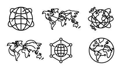 Global Network Icons, World Map Connections, Earth Satellite Orbit, Digital Connectivity Vector Set © Reshma