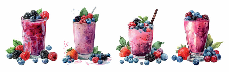 Four refreshing berry smoothies in watercolor style, showcasing healthy natural fruit drinks with various antioxidants and vitamins, perfect for a balanced diet and wellness © Mari