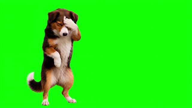 Realistic 3D dog doing a facepalm gesture, frustration and mistake concept isolated on chroma key green screen background, Covering Face, Disappointment, Stress, Regret, Failure, Error