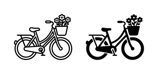 Bicycle with Flower Basket Icons: Line Art and Silhouette Designs for Cycling and Floral Themes © Reshma
