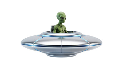 Alien in flying saucer isolated on a transparent background, extraterrestrial life exploring space. © Isolated_png