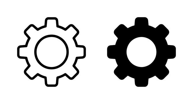 Two Gear Icons, Outline and Solid Black, Mechanical Engineering Symbols, Machine Parts, Industry Technology Concepts