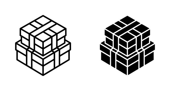 Isometric Gift Boxes, Two Styles: Outline and Solid Black, Stacked Presents Vector Icons for Celebration and Gifting Concepts