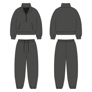 A template for a trendy tracksuit with pockets, showing the front and back views. A vector sketch of a high-necked sweatshirt with a zipper and wide balloon jogger pants. design concept for loungewear