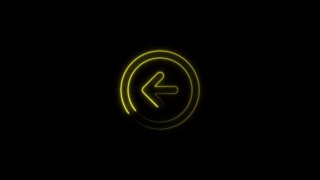 Neon image yellow circular arrow back navigation icon glowing in darkness with navigation direction interface